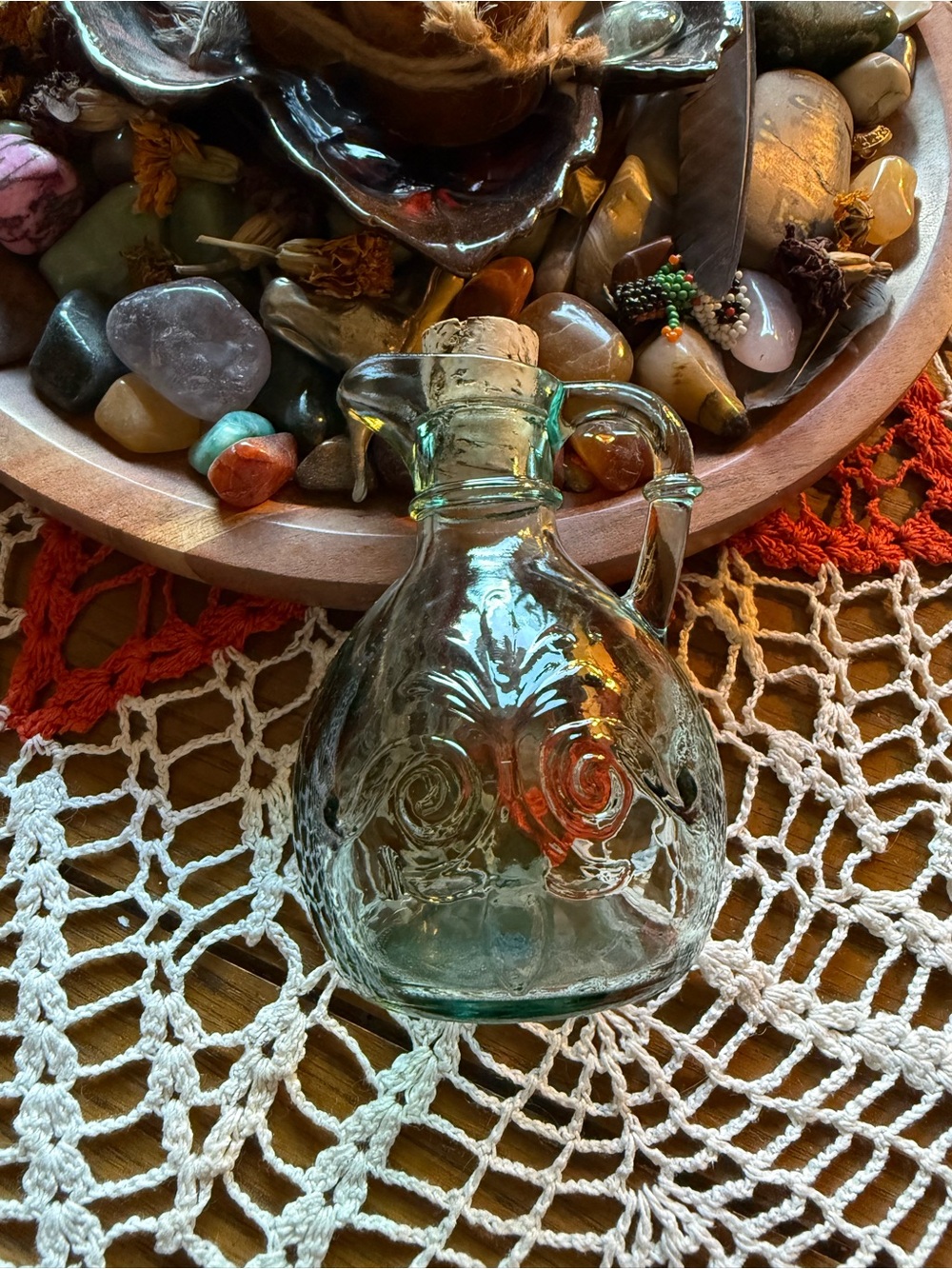 Vintage Style Aqua Glass Cruet Bottle Cork Stopper Embossed Design